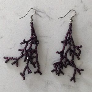 Handmade purple beaded “twig” earrings